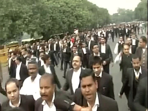 Some of the lawyers who were caught on camera leading brazen assaults on journalists and JNU students on Monday and Wednesday were part of the protest. Photo courtesy: ANI twitter