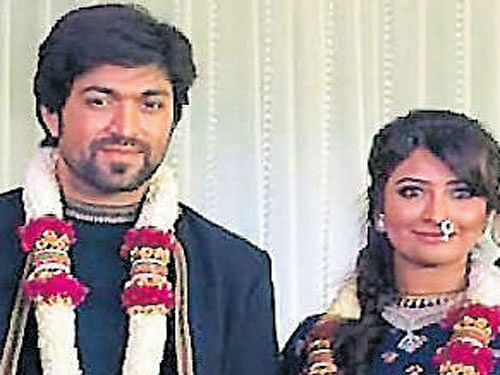 Actor Yash and actress Radhika Pandit at their engagement in Goa on Friday.