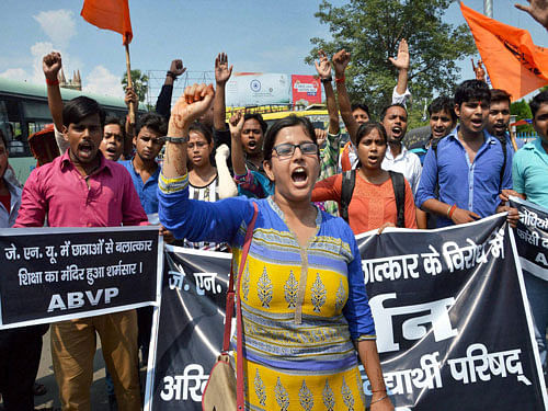 ABVP activists holding a protest march against JNU rape case in Patna on Wednesday. PTI Photo