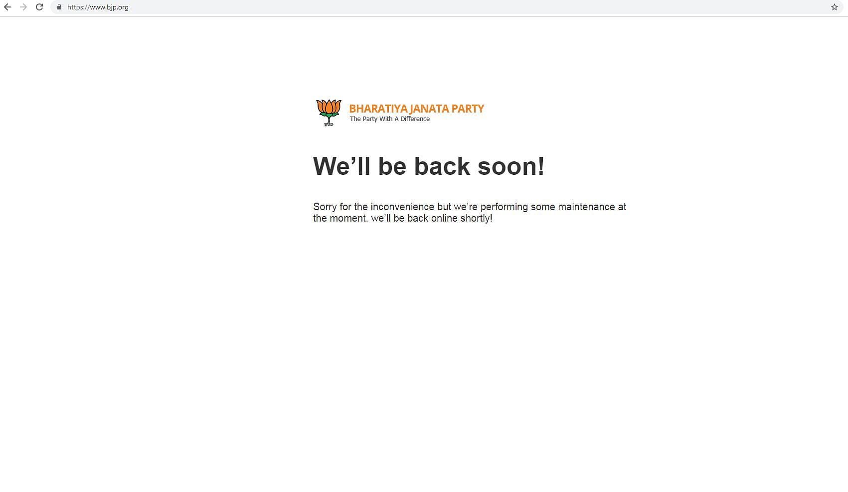 A screen grab of the Bharatiya Janata Party (BJP) website which was taken offline after the hackers allegedly defaced the site on March 5, 2019.