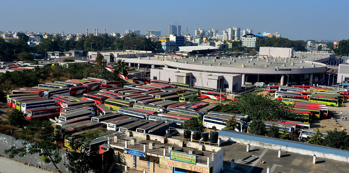 KSRTC buses parked inside the Kempegowda Bus Station in Bengaluru on Tuesday, the first day of the two-day Bharath bandh called by several organisations. DH Photo/Ranju P