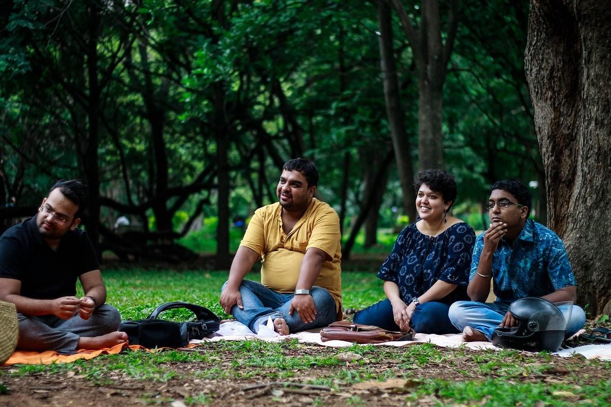 Lynessa Coutto (second from the right) organises ‘Poetry in the Park’ at Cubbon Park once a month.