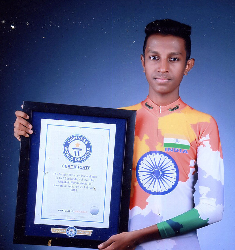 Abhishek Navale from the Belgaum Roller Skating Academy achieved the fete on February 26 at the district stadium and recently received the Guinness World Record certificate.