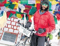 Krishna Vasudeva Rao at Khardung La pass in Jammu and Kashmir.