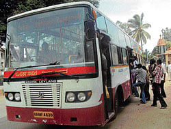 Buses meant for city transport in Kolar are being used for rural services as part of Samparka Sarige. dh photo
