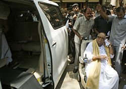 Leader of the Dravida Munnetra Kazhagam party M. Karunanidhi prepares to leave after addressing a press conference withdrawing support to Indias ruling United Progressive Alliance government, at the party's office in Chennai, India, Tuesday, March 19, 2013. The key ethnic Tamil political party withdrew from the government Tuesday over its unmet demands that India amend the U.N. resolution to declare that Sri Lanka committed genocide against its minority Tamil population during the final months of its civil war against the Tamil Tiger rebels. AP Photo