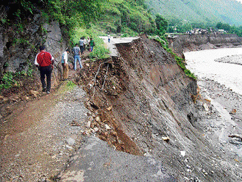 Treacherous terrain: A view of the landslide at Balwakot village in Darchula taluk,  Pithoragarh district in the flood-ravaged Uttarakhand.