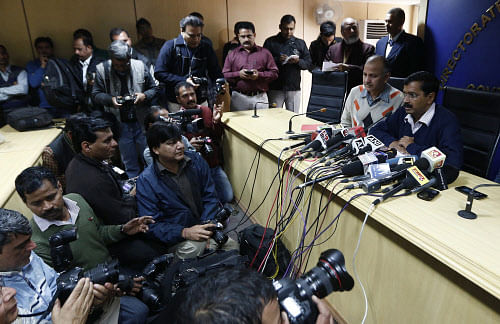 Delhi's Chief Minister Kejriwal chief of the AAP addresses the media during a news conference on Tuesday in New Delhi. Reuters.