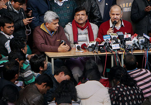 AAP leaders Manish Sisodia, Sanjay Singh and others addressing a press conference in New Delhi on Sunday. PTI Photo