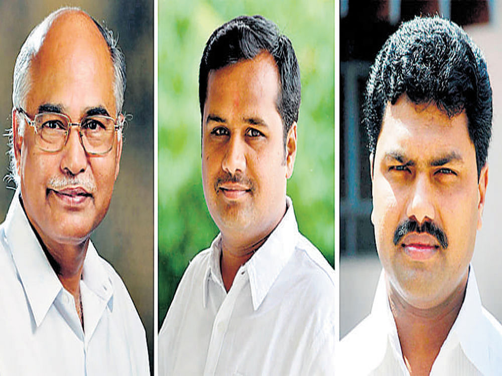 The ruling Congress in Karnataka has won two of the three Assembly seats, byelections for which were held on August 21. The Bharatiya Janata Party (BJP) won the third seat. Byelection results were announced on Monday. (From left) N Y Gopalakrishna (Cong, Bellary Rural), Ganesh Hukkeri (Cong, Chikodi) and B Y Raghavendra (BJP, Shikaripur). KPN