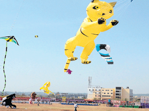Kites of all shapes like tigers and dolphins soar in the skies at the Belagavi International Kite Festival in Belagavi on  Saturday. dh photo
