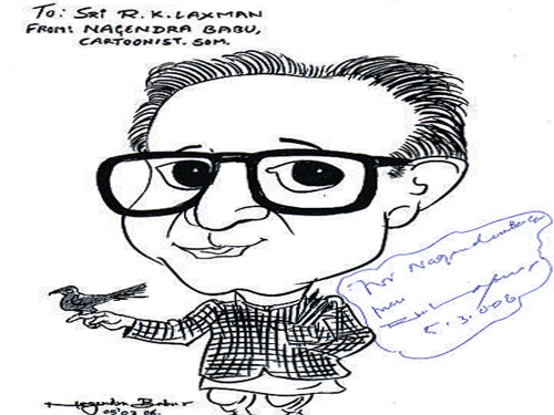 A caricature of R&#8200;K&#8200;Laxman, drawn by cartoonist M&#8200;V&#8200;Nagendra Babu. Laxman autographed the caricature in 2006.