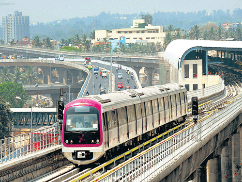 thumbs-up:  Namma Metro train on trial run from Magadi Road to Mysuru Road in the City on Friday. Dh photo/ Srikanta Sharma R