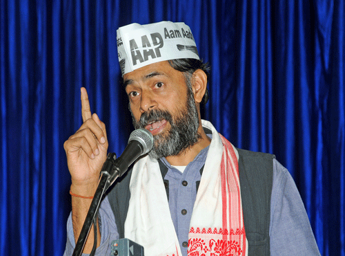 AAP leaders Yogendra Yadav and Prashant Bhushan addressing a press conference in New Delhi on Friday. PTI Photo