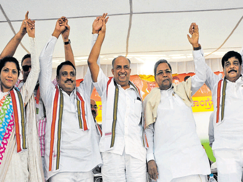 Chief Minister&#8200;Siddaramaiah, Cooperation Minister H&#8200;S&#8200; Mahadev Prasad and&#8200;Public Works Minister H&#8200;C&#8200;Mahadevappa, party's nominee and sitting MLC R&#8200;Dharmasena and&#8200;ZP&#8200;President Pushpa Amarnath during the launch of the MLC&#8200;election campaign in Mysuru on Saturday. dh photo