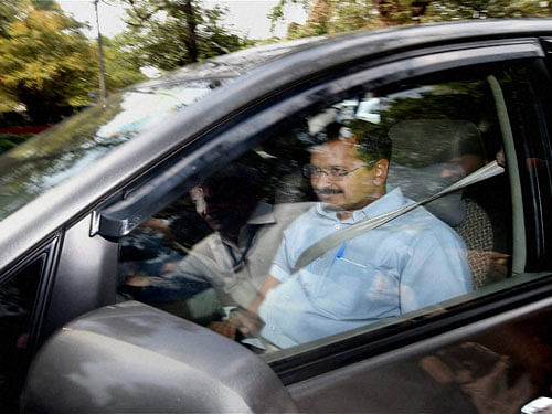 Delhi Chief Minister Arvind Kejriwal leaves from Patiala House Courts after a hearing of the defamation case filed by Finance Minister Arun Jaitley against him and five other AAP leaders, in New Delhi on Thursday. PTI Photo.