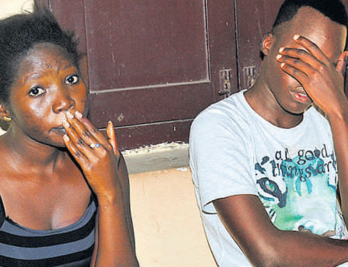 Two Sudanese students at the KR&#8200;police station in&#8200;Mysuru on&#8200;Saturday. DH PHOTO