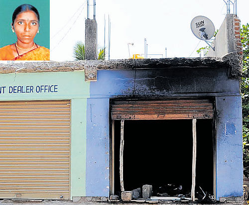 A finance agency set ablaze by a mob in Raichur on Saturday. Bisamma (inset) died after falling down frightened, when police fired teargas shells. dh photos