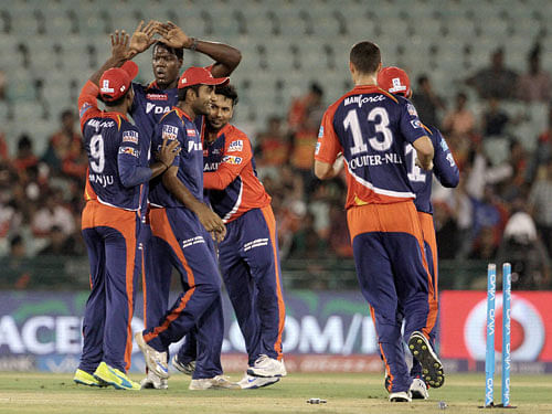 Daredevils players celebrates the wicket of Sunrisers Hyderabad player Shikhar Dhawan during an IPL 2016 match in Raipur on Friday. PTI Photo