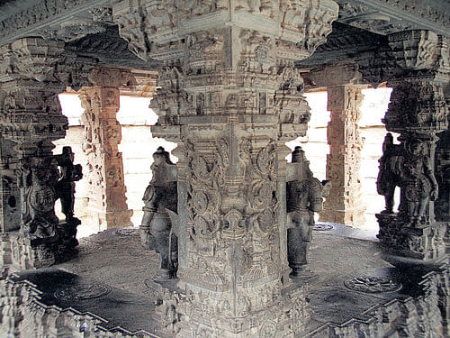 ancient: Beautifully carved pillars of the 'kalyana mantapa' in Someshwara Temple.