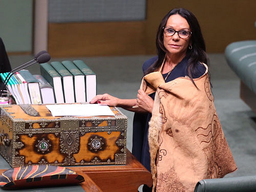 In her maiden speech, she said that her kangaroo skin cloak 'tells my story', as another Wiradjuri woman sang to her in traditional language from the public gallery. Image : Twitter