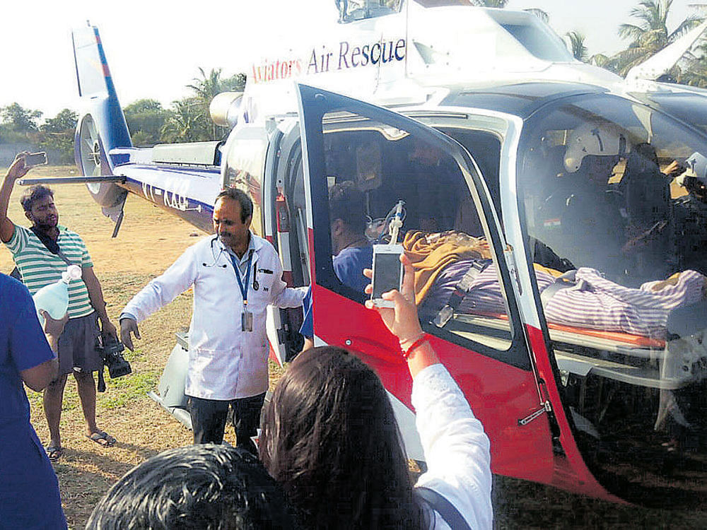 An air ambulance which landed with Sandeep, a 25-year-old patient, in Bengaluru on Saturday.