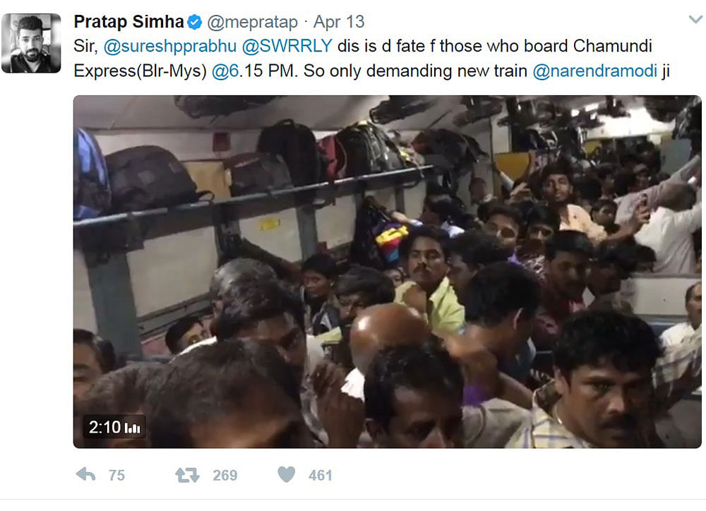 A screenshot of MP Pratap Simha's video on Twitter over his interaction with passengers on Chamundi Express.