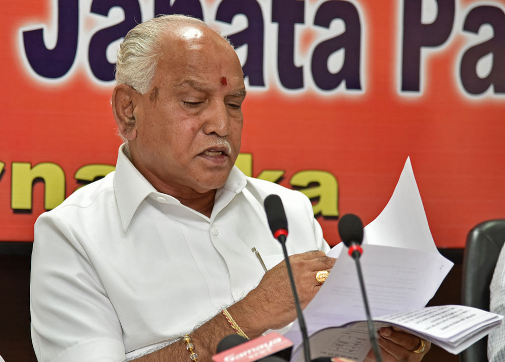 Yeddyurappa was addressing the BJP workers at the Sangolli Rayanna Circle, where the party had organised a massive protest against the failure of the government in addressing the drinking water crisis and hike in the property tax by the City Municipal Council, here on Friday. DH file photo.