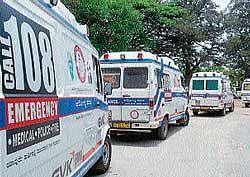 The Arogya Kavacha-108 ambulances lined up in Chikmagalur on Saturday as a part of State-wide protest.