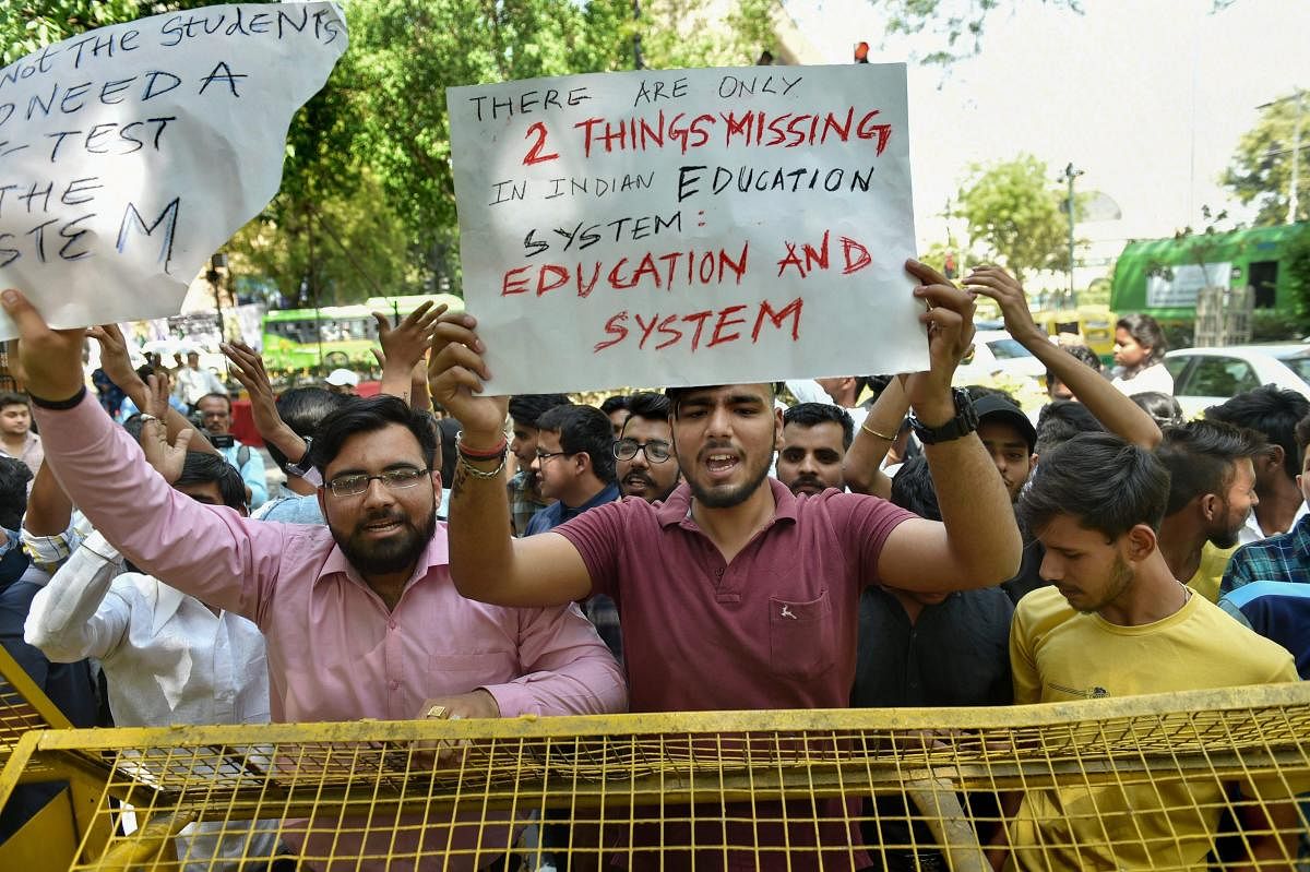 CBSE students protest over the paper leak, at Jantar Mantar in New Delhi, on Thursday. PTI