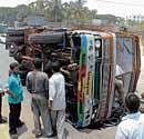 A truck that toppled near BHEL on Mysore Road on Monday caused traffic jam. KPN