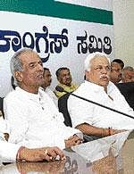 marching on the mine issue KPCC leaders  M P Prakash and R V Deshpande at a press conference on in Bangalore on Sunday. DH photo