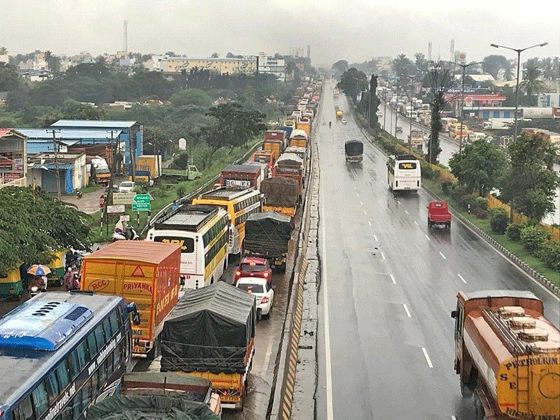  A view of the traffic pile-up near Nelamangala on Monday.
