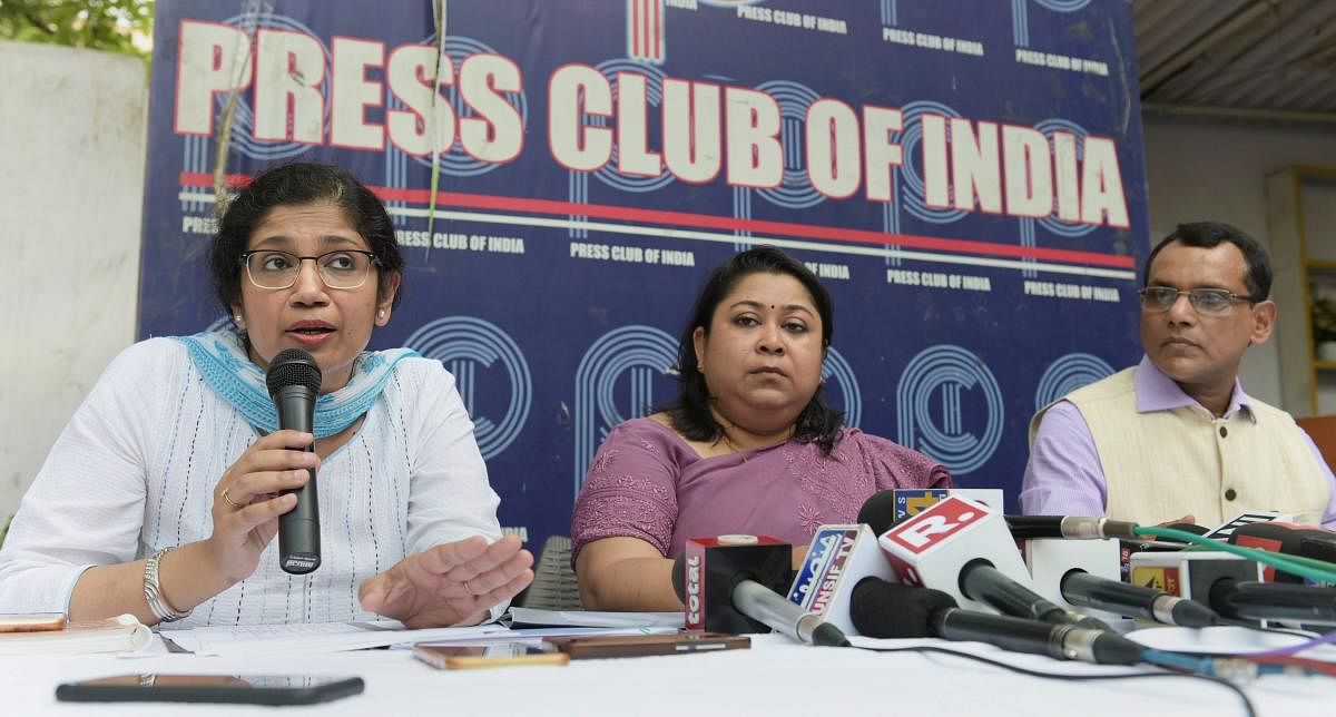 Members of IAS association of the AGMUT cadre, (L-R) Varsha Joshi, Manisha Saxena and Director DIP Sarngi Dev address a press conference to refute claims made against IAS officers for being on strike, in New Delhi. PTI photo.