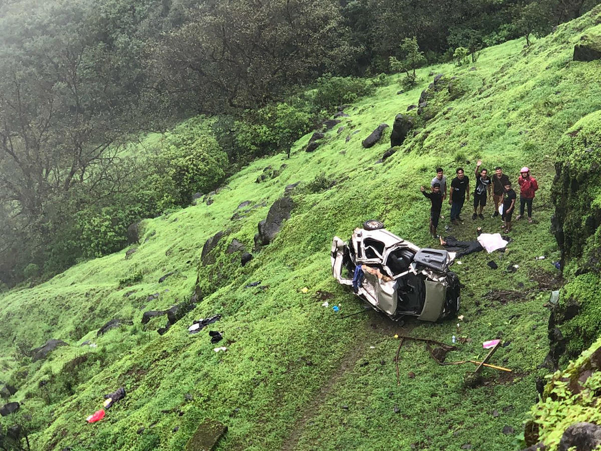 Mangled remains of the car that fell into a 50 foot deep gorge that claimed five lives at Tillari Ghat in Chandgad taluk in Kolhapur district in adjoining state of Maharashtra on Sunday.