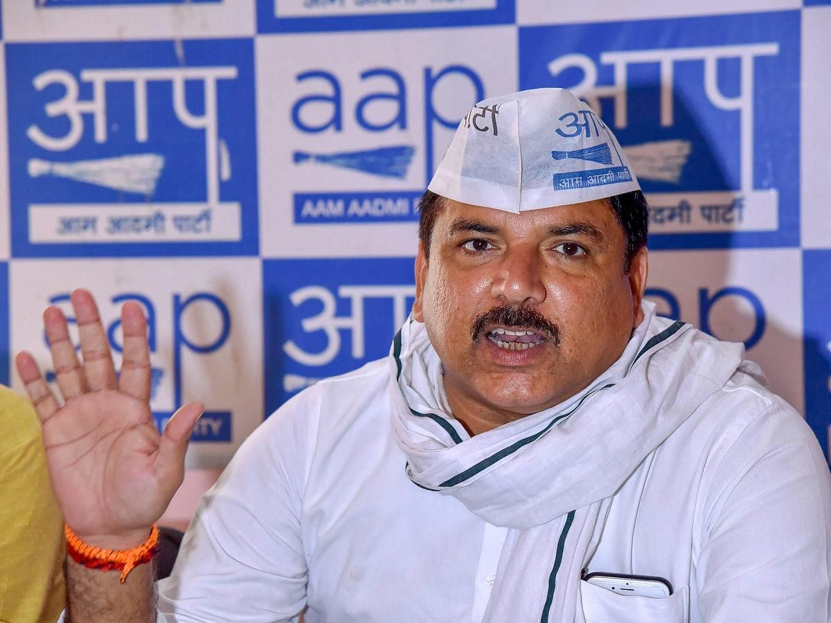 Aam Aadmi Party (AAP) MP Sanjay Singh addresses a press conference at Party office in Patna on Saturday. PTI photo