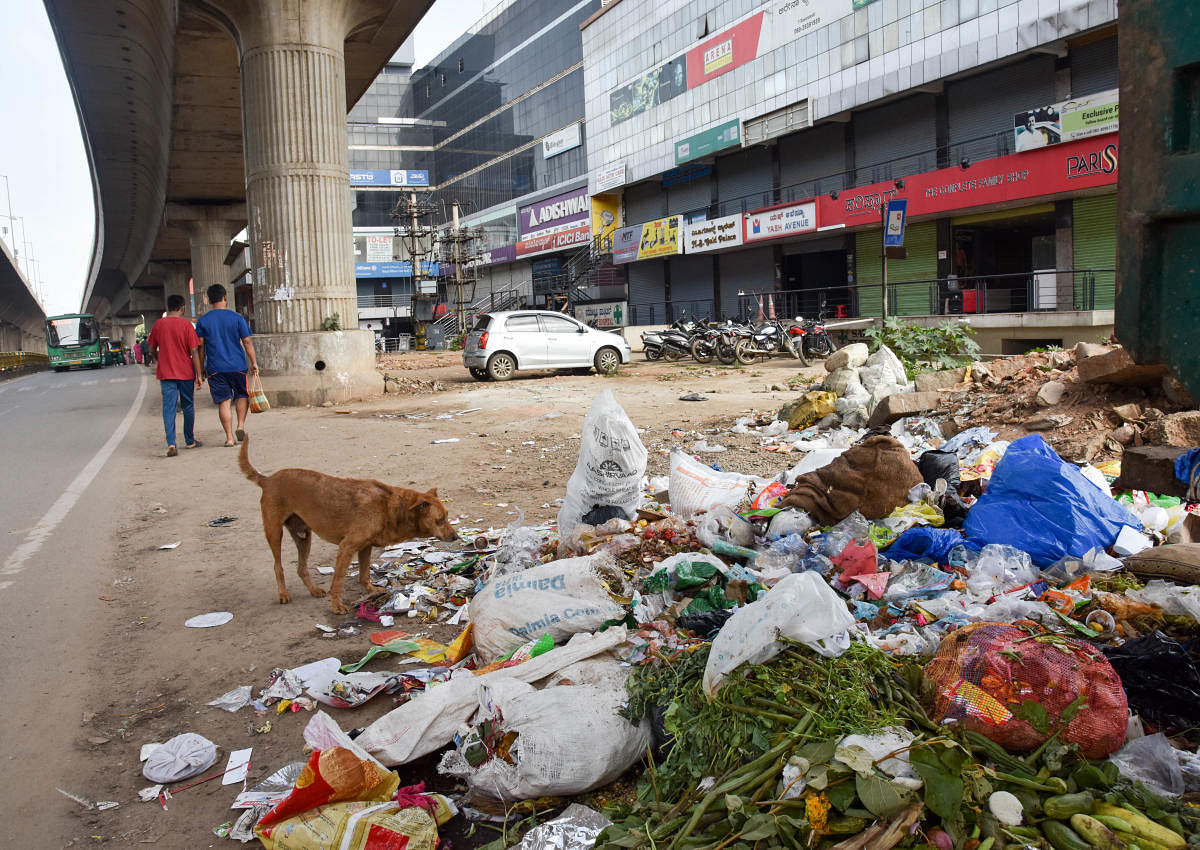 A pile of trash around a metro pier in T Dasarahalli, Tumakuru Road, on Sunday. DH PHOTO/B H SHIVAKUMAR