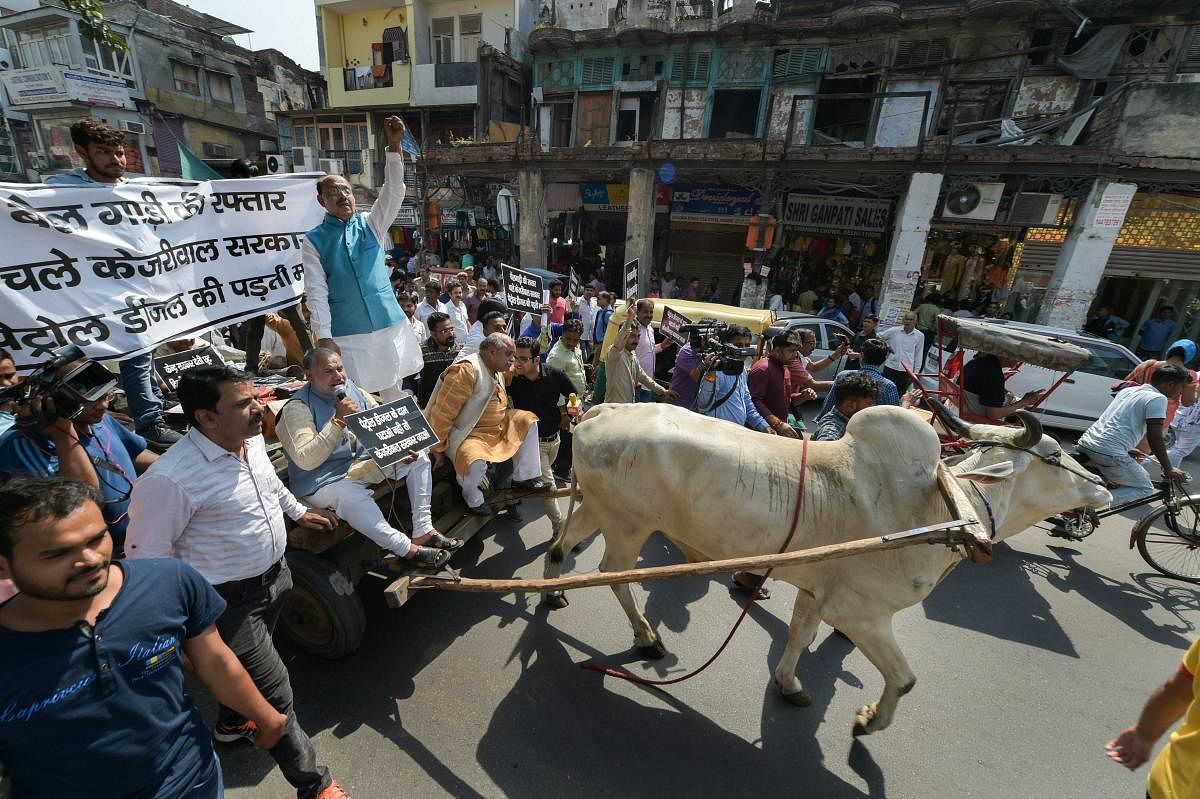 Union minister and BJP leader Vijay Goel rides a bullock-cart while participating in a protest against the Kejriwal government of Delhi for a cut in fuel prices by reducing VAT, in New Delhi, on Sunday. PTI