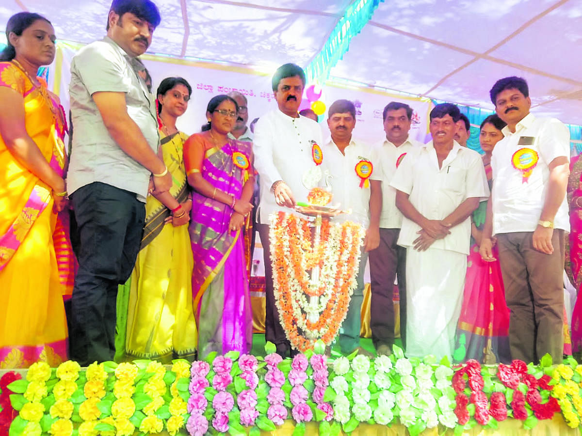 MLA D S Suresh inaugurates the World Toilet Day programme at Amritapura in Tarikere on Monday.