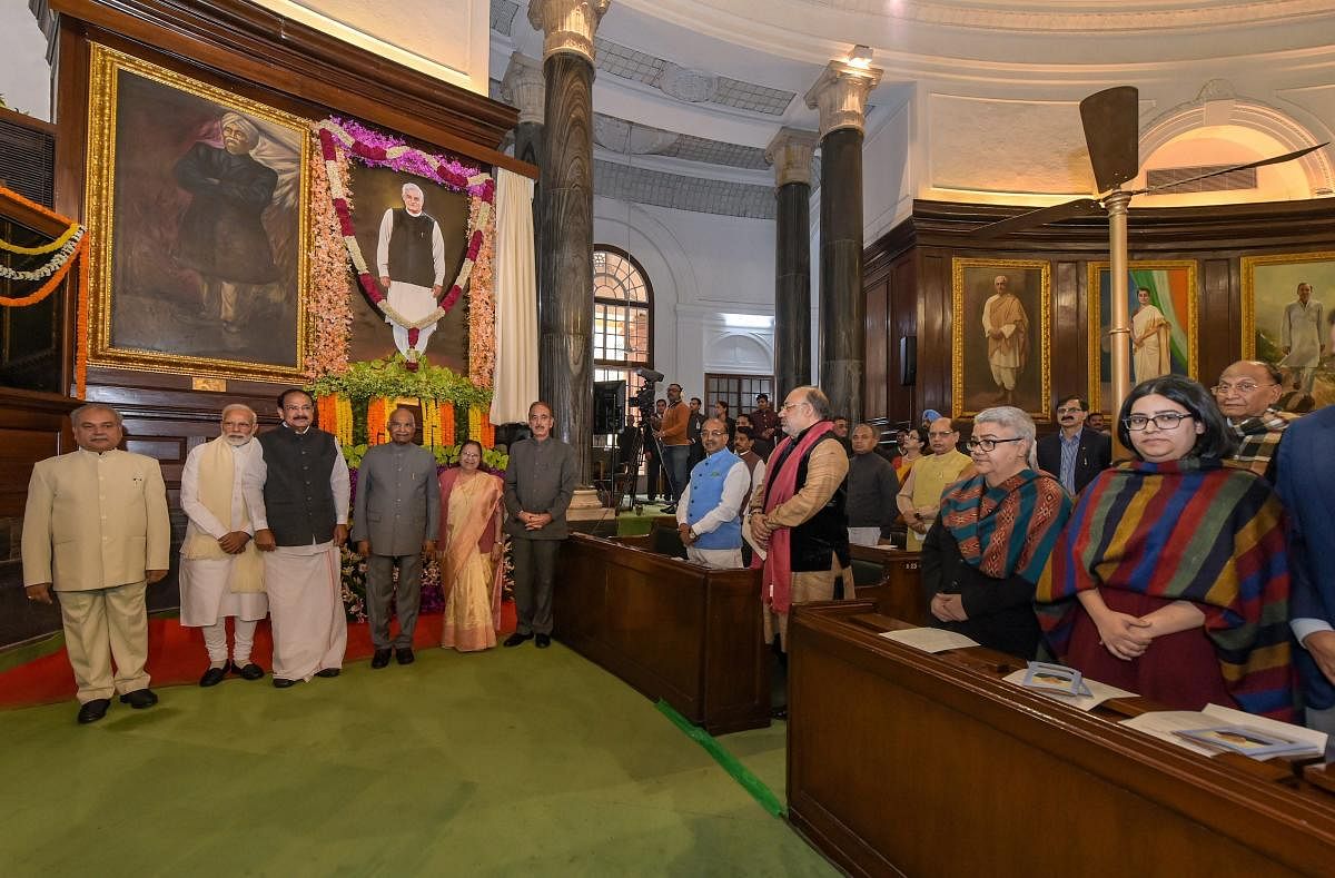 President Ram Nath Kovind unveils the life-size portrait of former prime minister Atal Bihari Vajpayee at the Central Hall of Parliament House, in New Delhi. Vice President M Venkaiah Naidu, Prime Minister Narendra Modi, Lok Sabha Speaker Sumitra Mahajan,