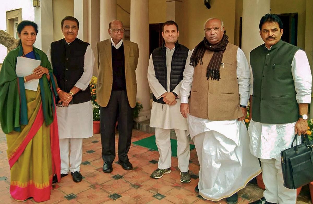 Nationalist Congress Party (NCP) president Sharad Pawar, Congress president Rahul Gandhi, senior Congress leaders Mallikarjun Kharge, K C Venugopal, NCP leaders Supriya Sule and Praful Patel in New Delhi on February 13, 2019. PTI