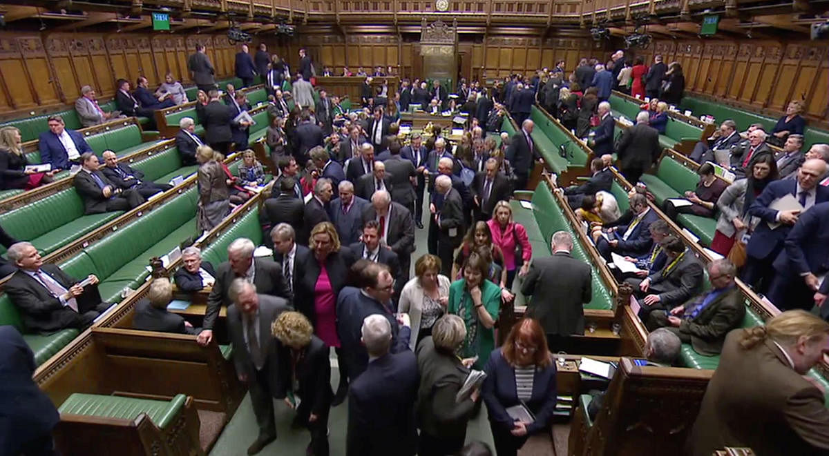 British MPs leave after the results of the vote on Brexit in Parliament in London, Britain, March 13, 2019, in this screen grab taken from video. Reuters TV via REUTERS