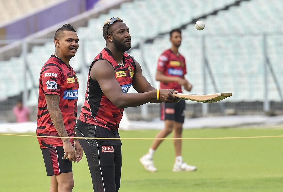 KKR will expect all-rounder Andre Russell (right) and off-spinner Sunil Narine to fire in their opener against Sunrisers Hyderabad on Sunday. PTI