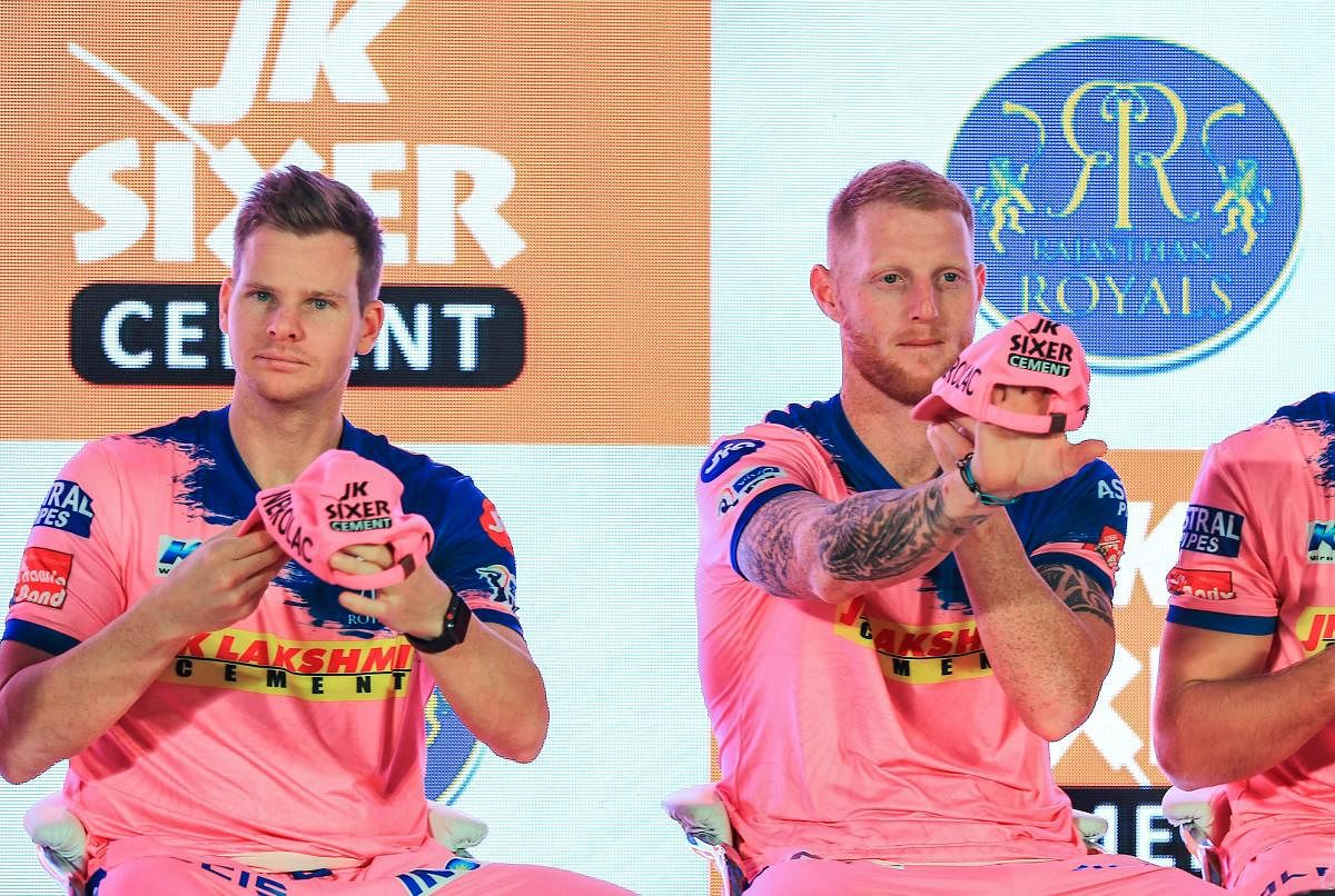 Rajasthan Royals Steve Smith (left) and Ben Stokes during the unveiling ceremony of the team's jersey on Friday. PTI