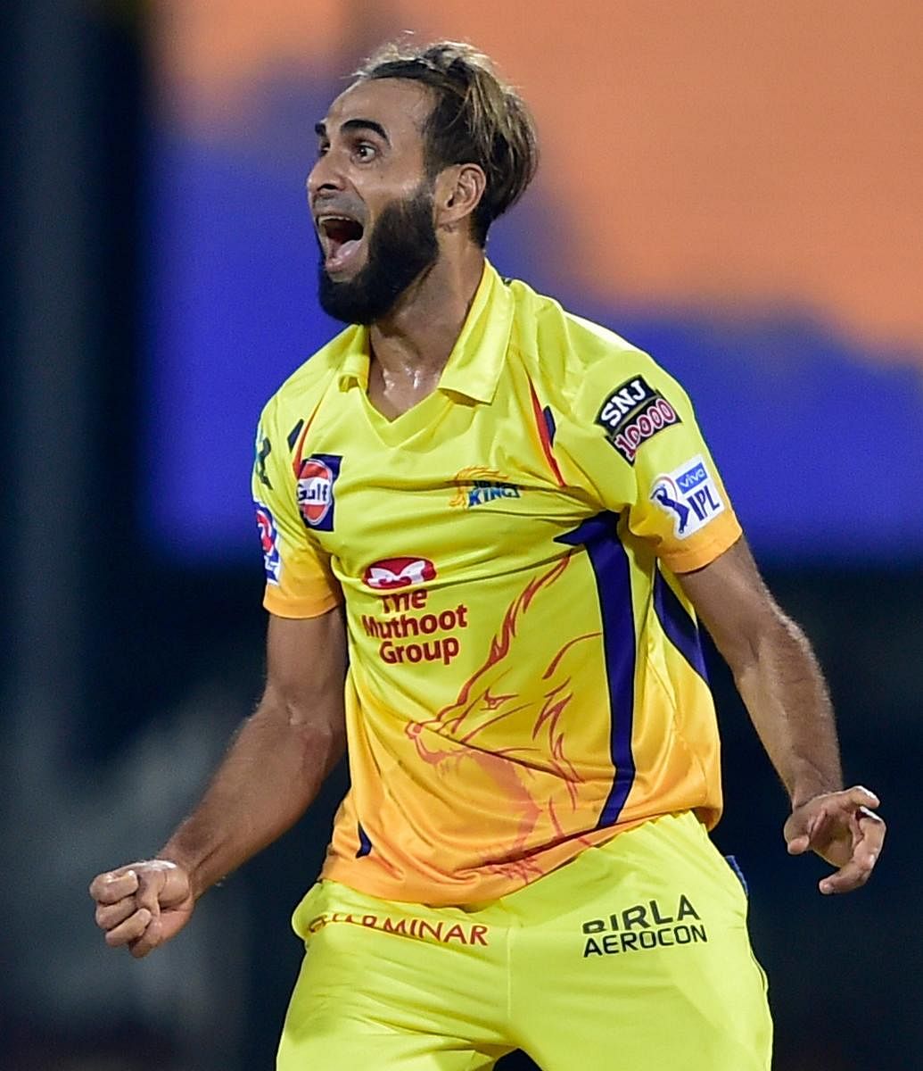 Chennai Super Kings' Imran Tahir celebrates after dismissing Royal Challengers Bangalore' Navdeep Saini in the opening match of the Indian Super League on Saturday. PTI