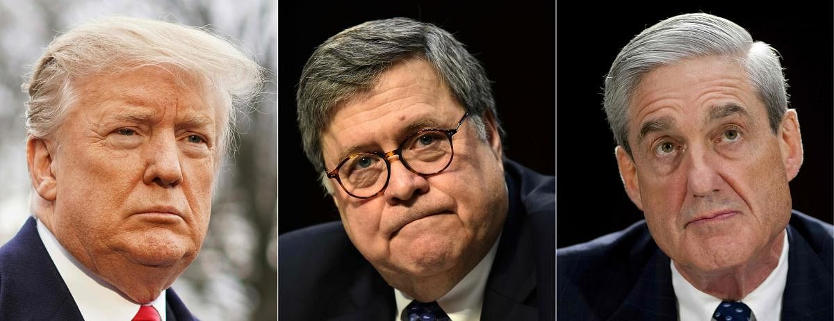 (COMBO) This combination of file pictures created on March 23, 2019 shows (L-R) US President Donald Trump speaking to reporters on March 22, 2019, in Washington, DC; US Attorney General nominee William Barr testifying on January 15, 2019, during a Senate