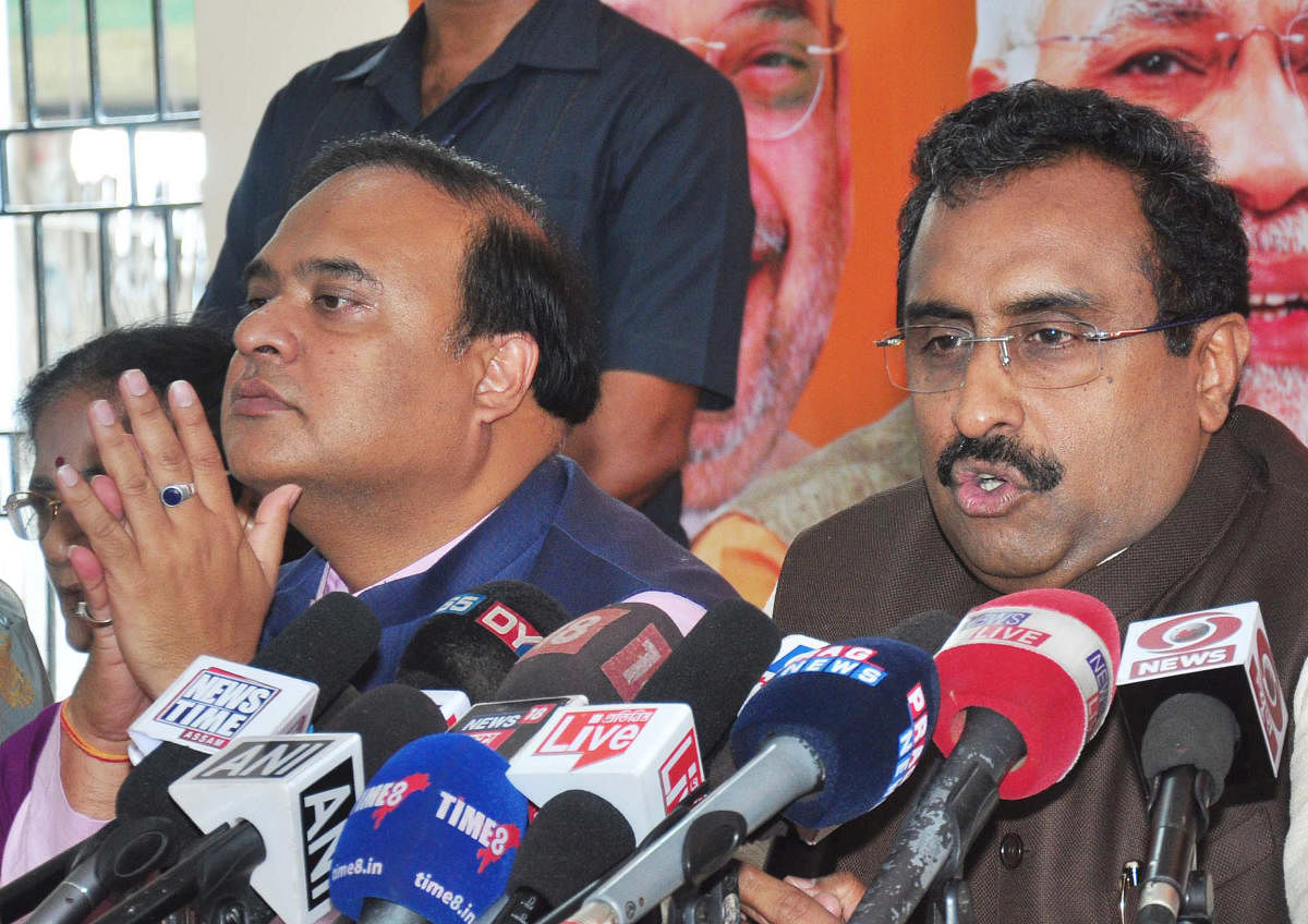 BJP national general secretary Ram Madhav addresses a press conference regarding the 2019 general elections at Assam state BJP office, in Guwahati on Sunday. Photo by Manash Das.