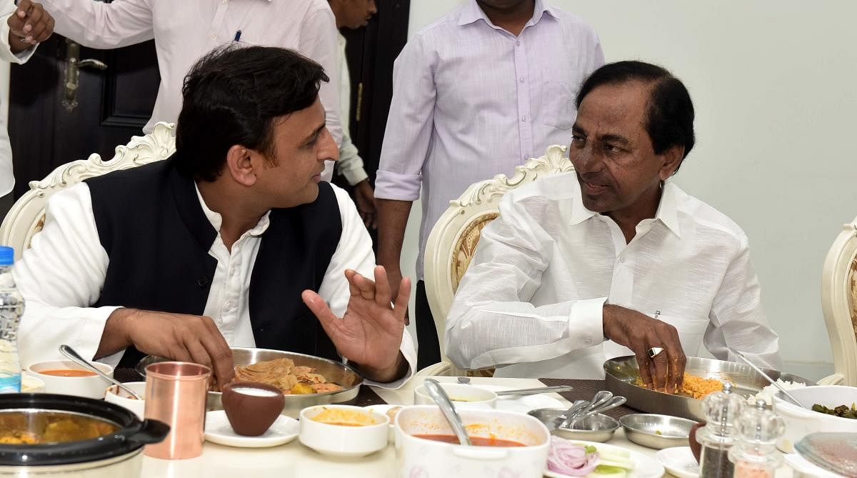 Akhilesh meets KCR at Pragathi Bhavan, official residence of Telangana CM in Hyderabad on Wednesday