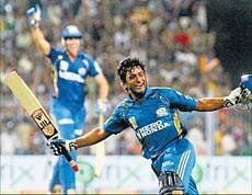 Mumbais Ambati Rayudu celebrates after hitting the winning runs against Kolkata on Sunday. PTI