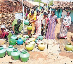 Women collect water in Chamarajanagar. dh photo